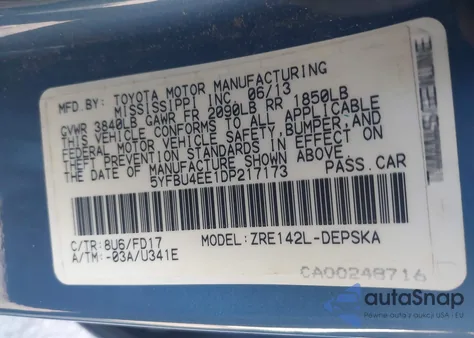 2013 Toyota Corolla S from USA, damaged, VIN 5YFBU4EE1DP217173